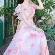 1509新款女装茶歇法式长裙气质高端精致粉色碎花仙女连衣裙子女夏