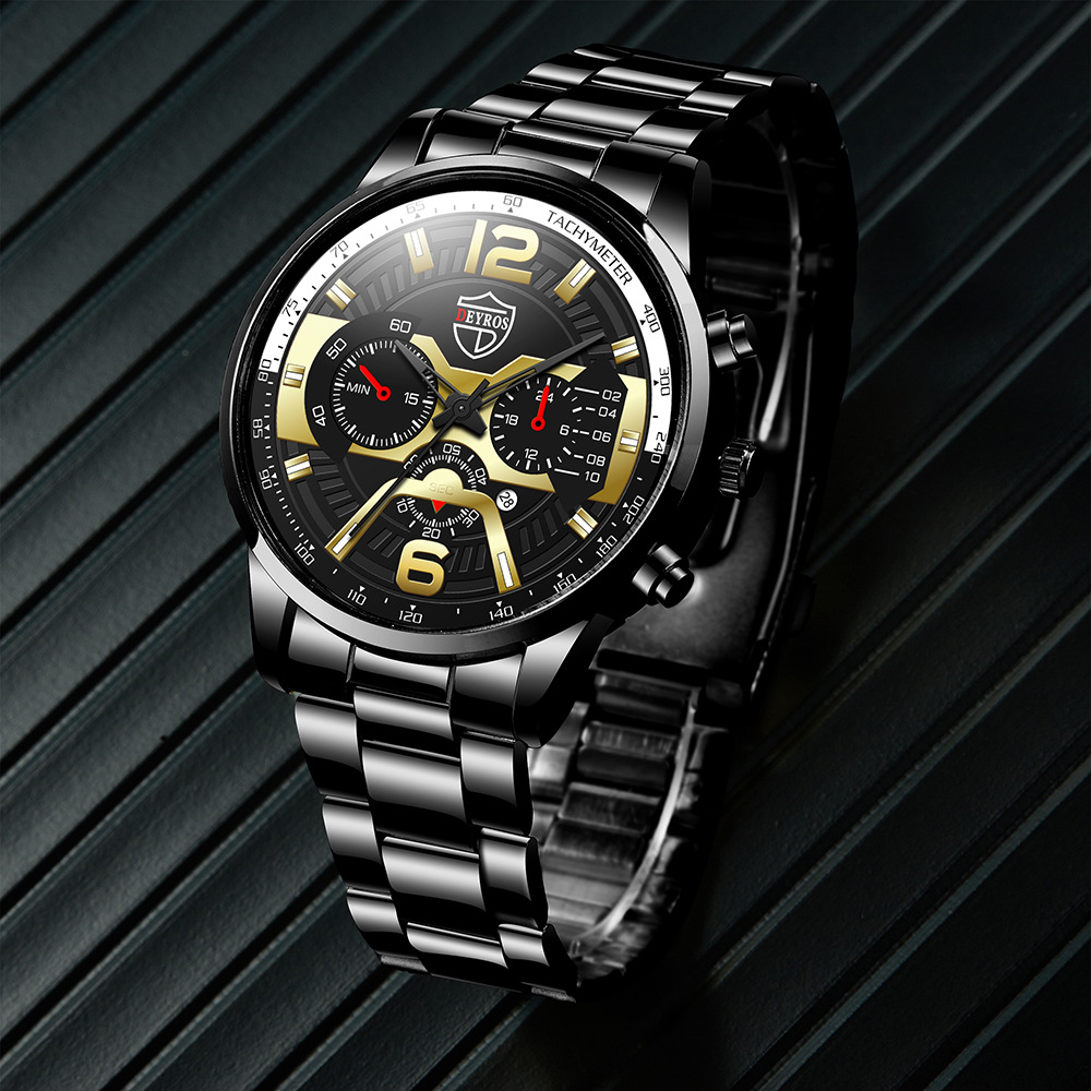 新款时尚男士不锈钢日历手表商务石英表deyros品牌腕表现货 批发