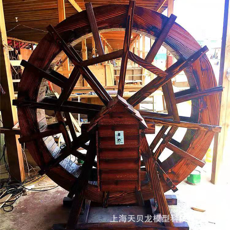 厂家直销户外大型仿古碳化木景观脚踏水车摆件脚踩木制 流水摆件