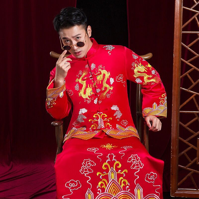 中式婚礼秀禾服男装敬酒服结婚礼服刺绣龙凤褂加大新郎码红色喜服