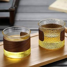 日式锤纹竹木玻璃咖啡杯 高硼硅茶杯公道小杯 简约家用主人杯