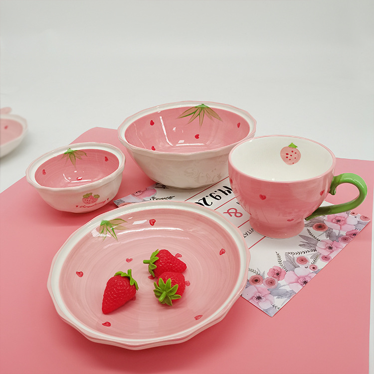 Pink Strawberry Ceramic Bowl Online Influencer Cute Girl's Heart-Shaped Fruit Disc Soup Bowl Breakfast Cup Creative Household Tableware
