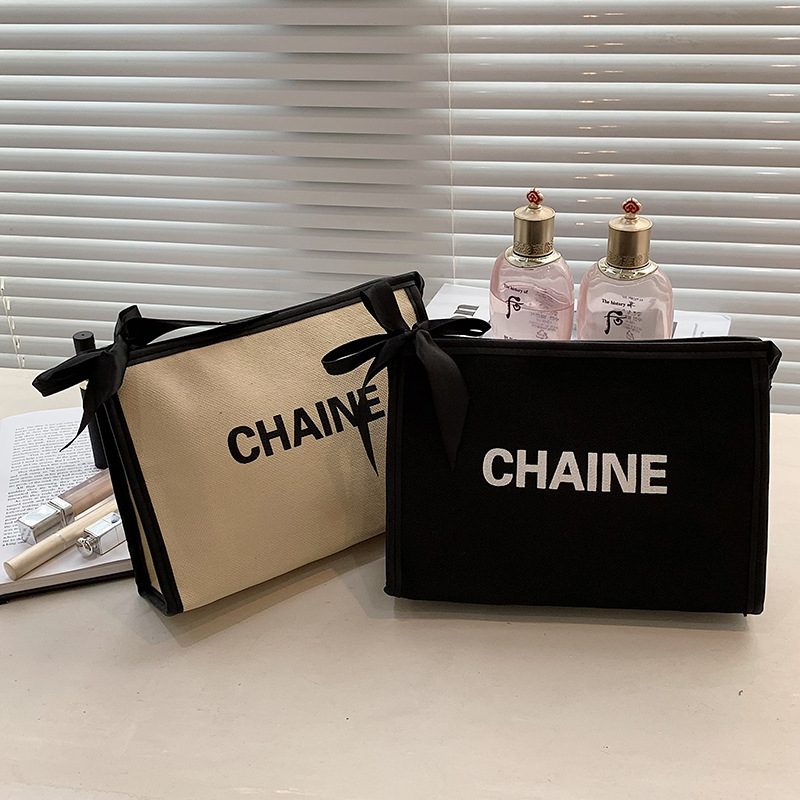 Korean Version of Chanel's Style Cosmetic Bag Large Capacity Portable Travel Cosmetics Bag Fashion Trendy Portable Storage Bag Canvas Bag