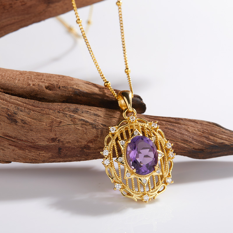 跨境热销首饰意大利工艺彩宝吊坠s925银镶天然紫水晶宝石项链女
