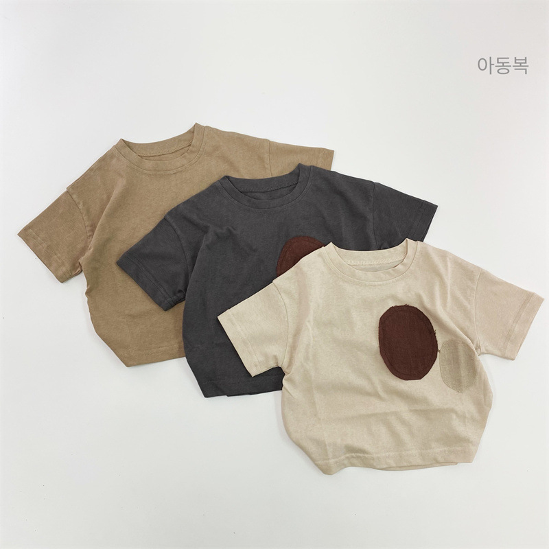 韩版夏季新款儿童麻棉圆圆补丁短袖男童女童纯棉洋气可爱T恤潮范