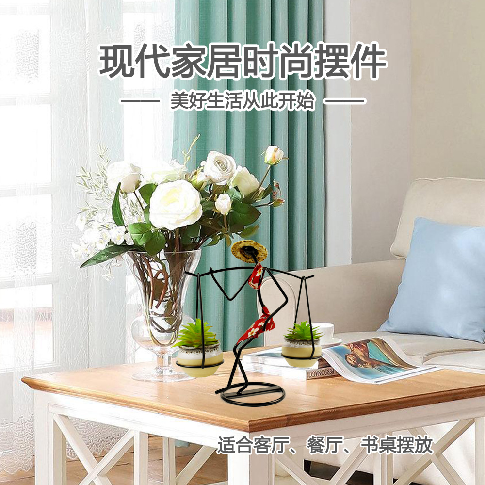 Creative Desktop Jardiniere Pastoral Figure Flower Stand Dai Burden Girl Living Room Hallway Ornaments Iron Gift