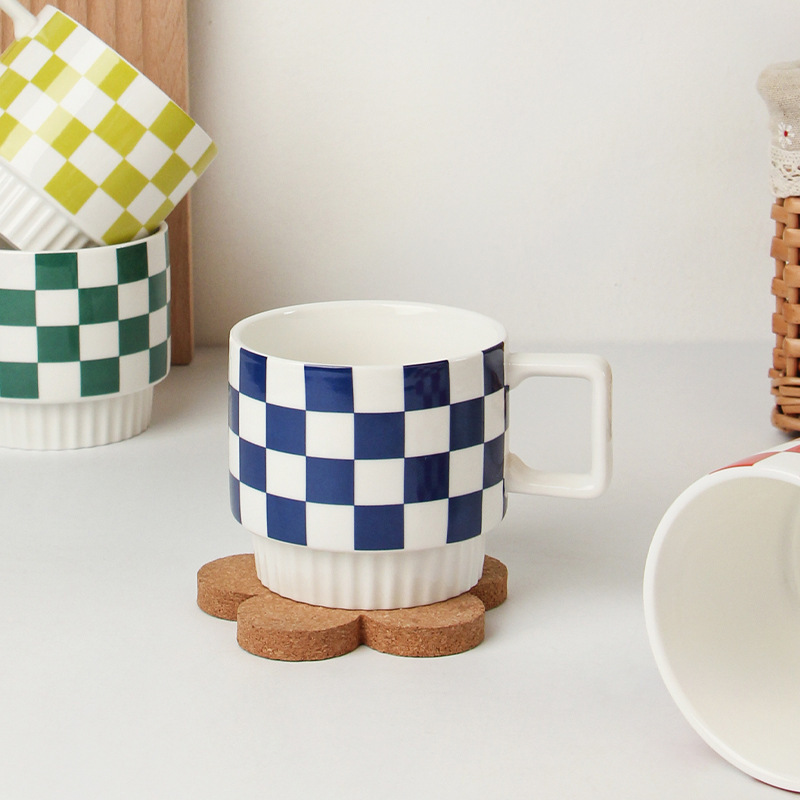 Simple Ceramic Mug Plaid Coffee Cup Retro Water Glass Household Drinking Cups Milk Oatmeal Cup