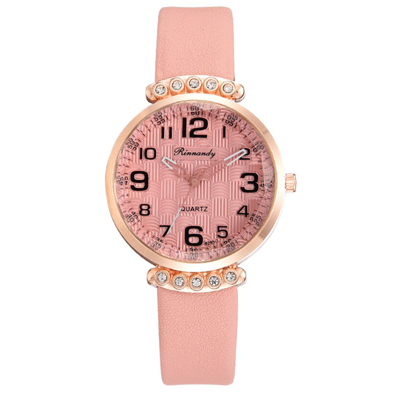 Keding New Women's Belt Quartz Watch round Literal Rhinestone-Encrusted Female Student Pu Strap Watch in Stock Wholesale