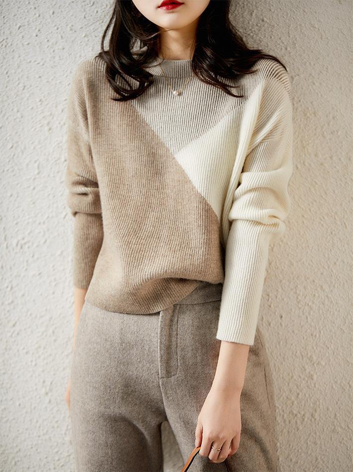 减龄气质宽松拼色毛衣针织衫2022秋冬新款韩版圆领百搭米色毛衣女