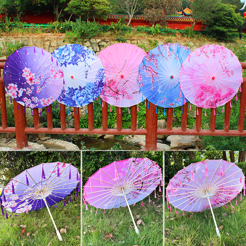 Printed Silk Tassel Umbrella Chinese Style Hanfu Ancient Costume Photography Props Umbrella Classical Oil Paper Umbrella Fairy Sun Protection Tassel Umbrella