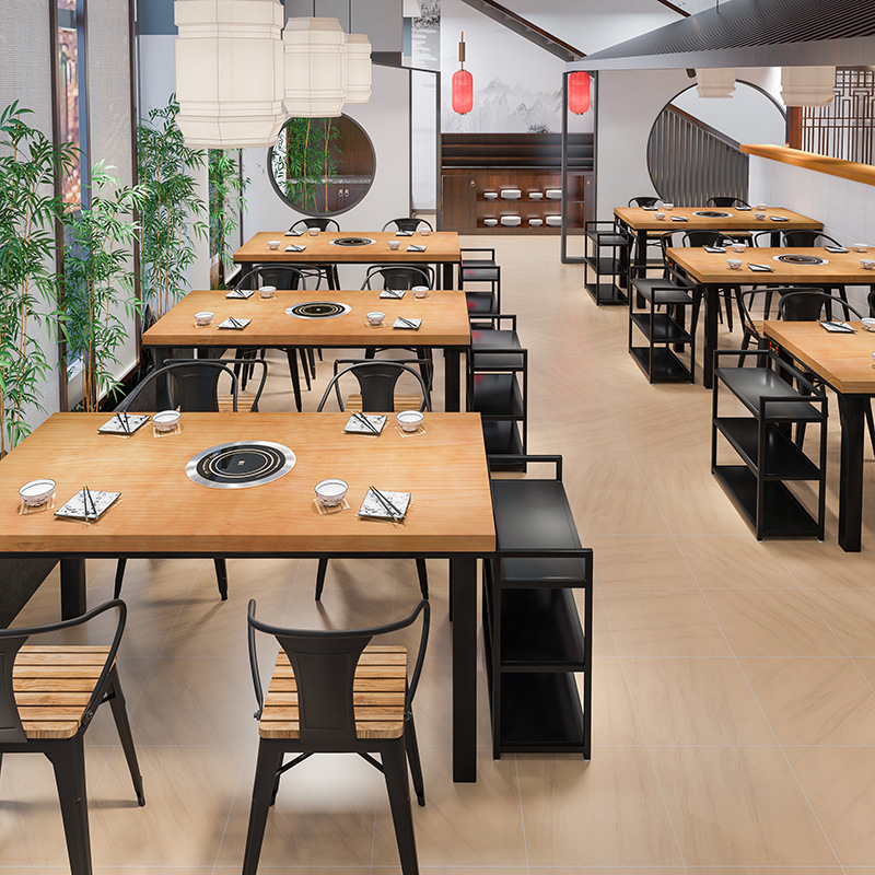 美式工业风火锅串串店餐桌椅自助烤肉商用电磁炉一体实木火锅桌椅