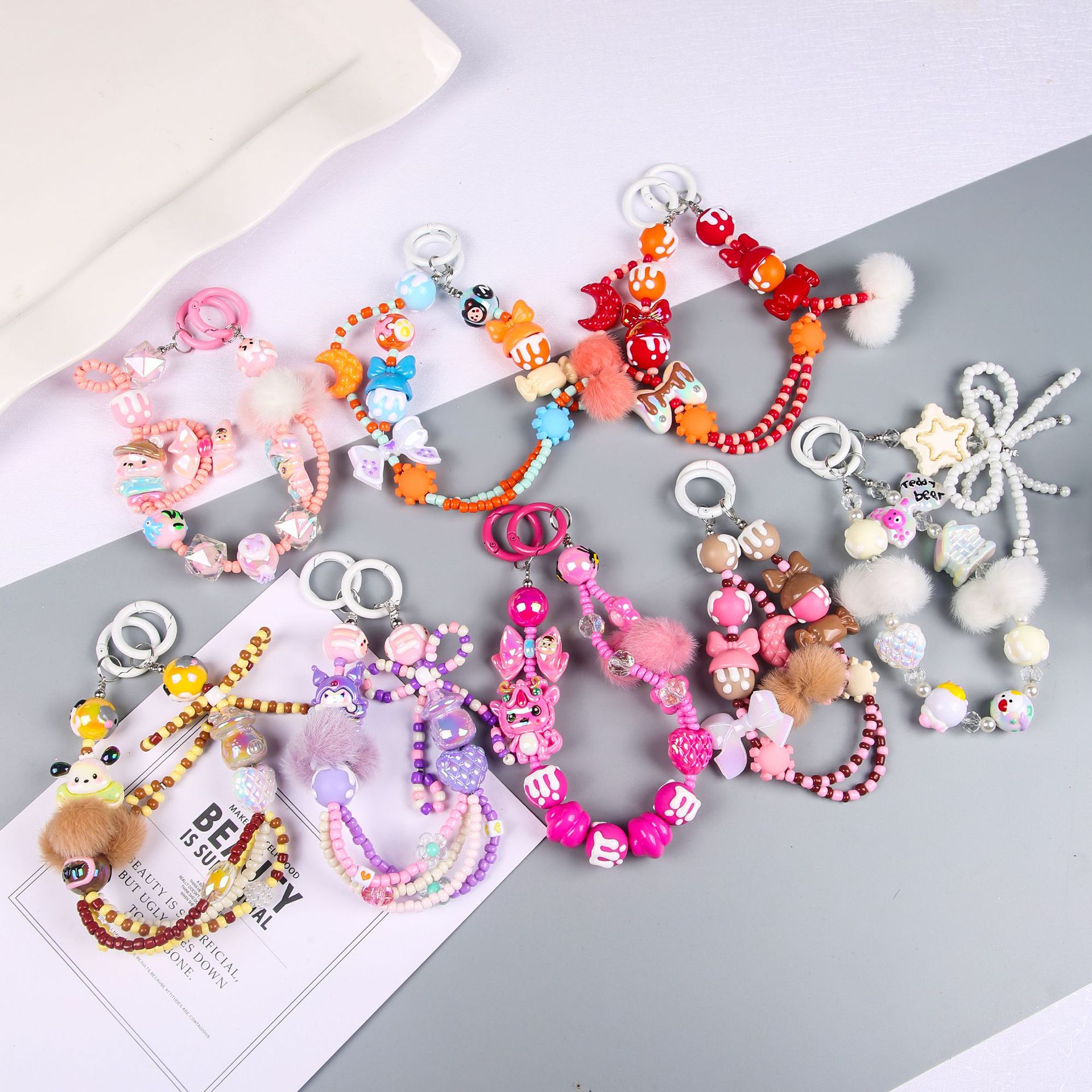 South Korea Ins Cute Hand-Painted Beads Phone Chain for Apple Huawei General Phone Case Lanyard Girl Fur