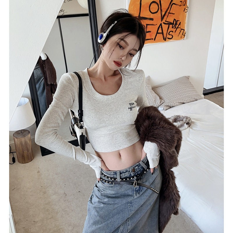 6535 Cotton Hot Girl Stretch Long Sleeve T-shirt Female Autumn Tight High Waist Navel Print Letter Jacket Foreign Trade Wholesale