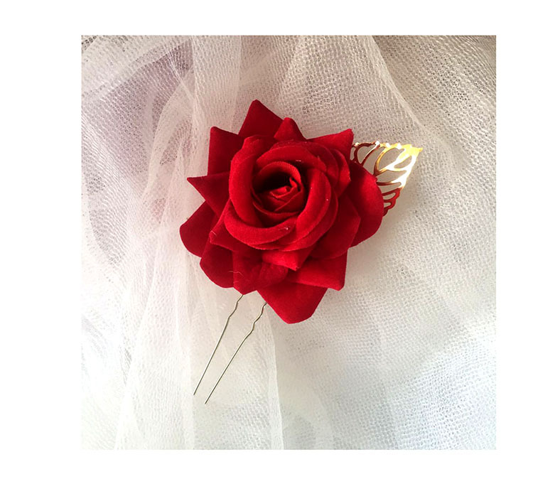 中式新娘秀禾造型红色玫瑰花朵头花盘发插梳饰品结婚头饰古典发饰