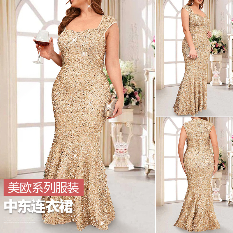 2024欧美外贸新款礼服 亚马逊性感鱼尾亮片伴娘礼服晚礼服拖尾