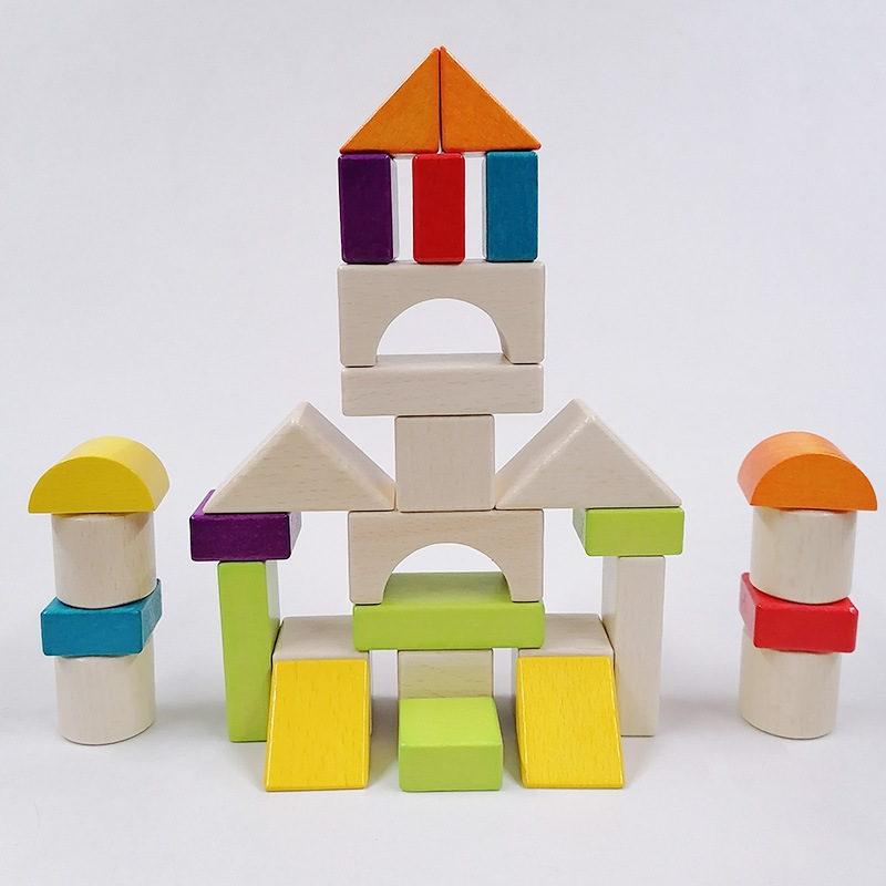 榉木木头积木木质大颗粒拼装玩具3儿童早教益智1-2岁宝宝9个月10