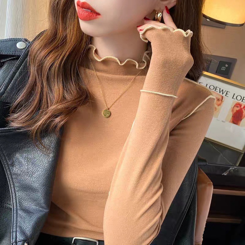 Double-Sided Wear Dralon Bottoming Shirt for Women 2023 Autumn and Winter Warm Half Turtleneck Wooden Ear Sweet Spicy Long Sleeve T-shirt Top for Women