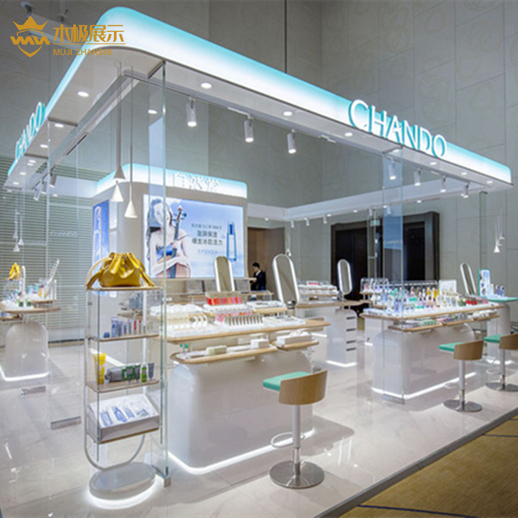 化妆品品牌专柜展示柜 直播间展厅展示台 金属木结构亚克力烤漆柜