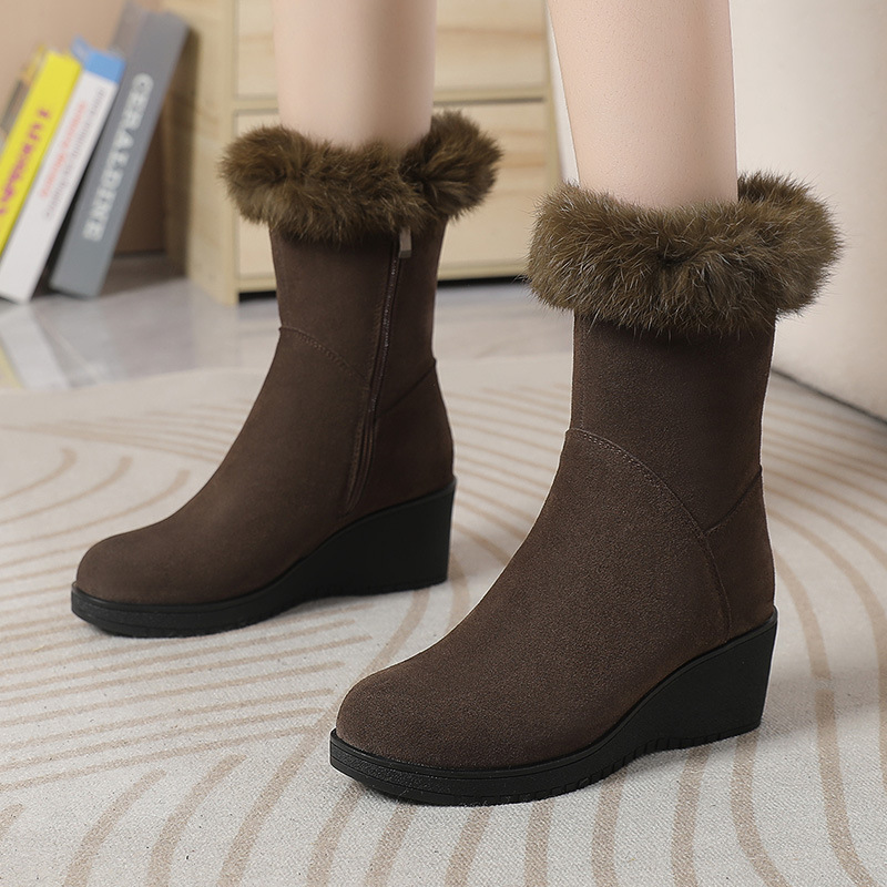 冬季新款兔毛雪地靴女真皮磨砂皮加绒坡跟平底靴子保暖中筒棉靴