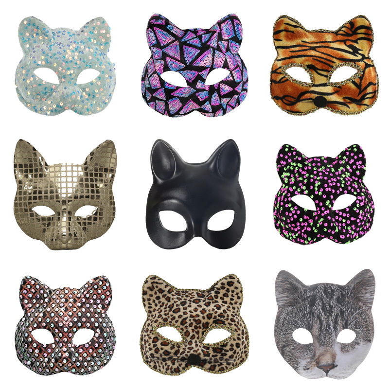 跨境热卖万圣节猫女郎面具黑豹面具黑猫面具蕾丝猫面具亮片猫面具