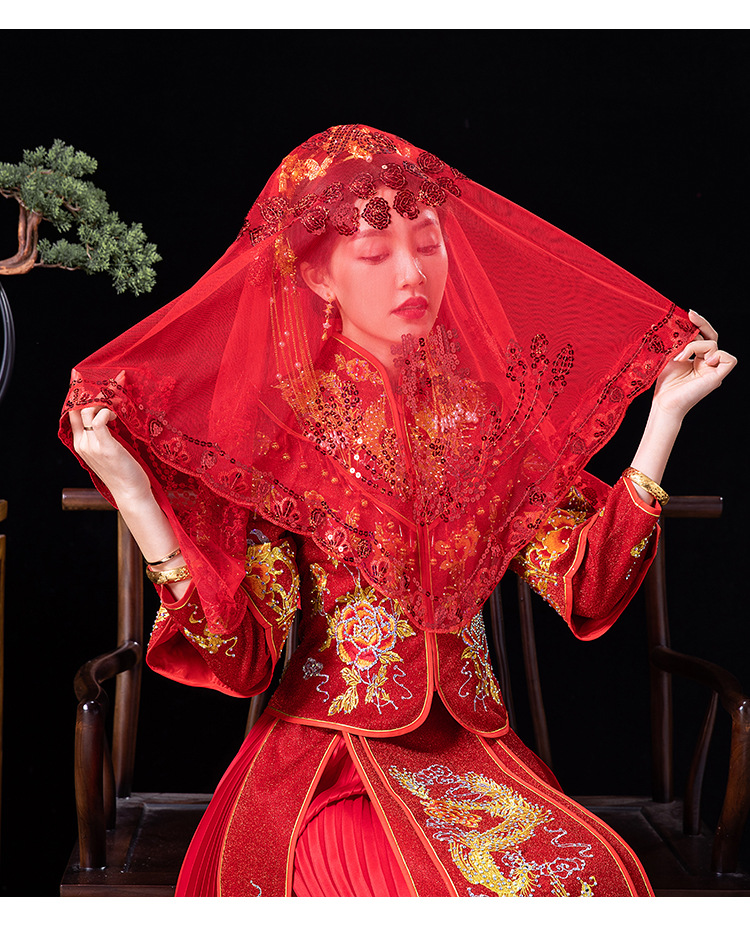 新娘红盖头结婚中式秀禾新款高档蕾丝半透明红色网纱古风蒙头喜帕