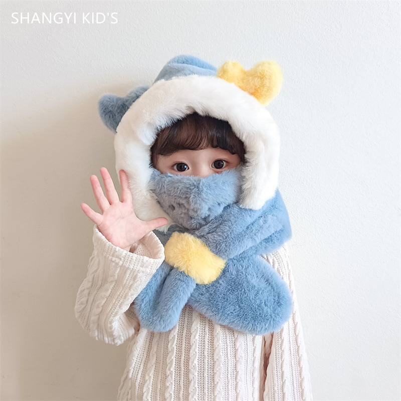【sy 小茉莉】跨境直播代发冬新品毛绒保暖帽围巾口罩儿童三件套