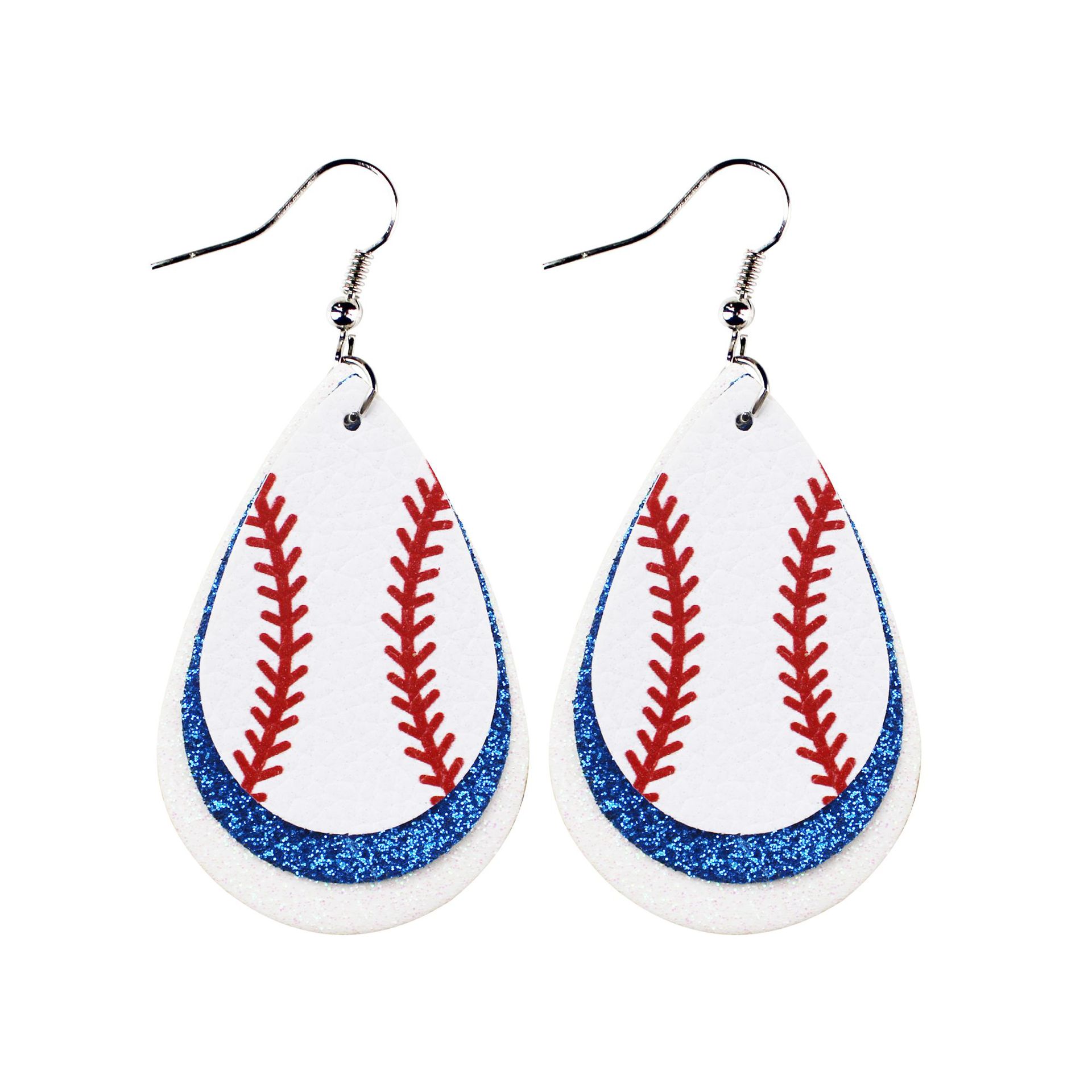 White Leather Baseball Theme Earrings Glitter Pu round Heart Water Drops Baseball Three-Layer Earrings Cross-Border Amazon