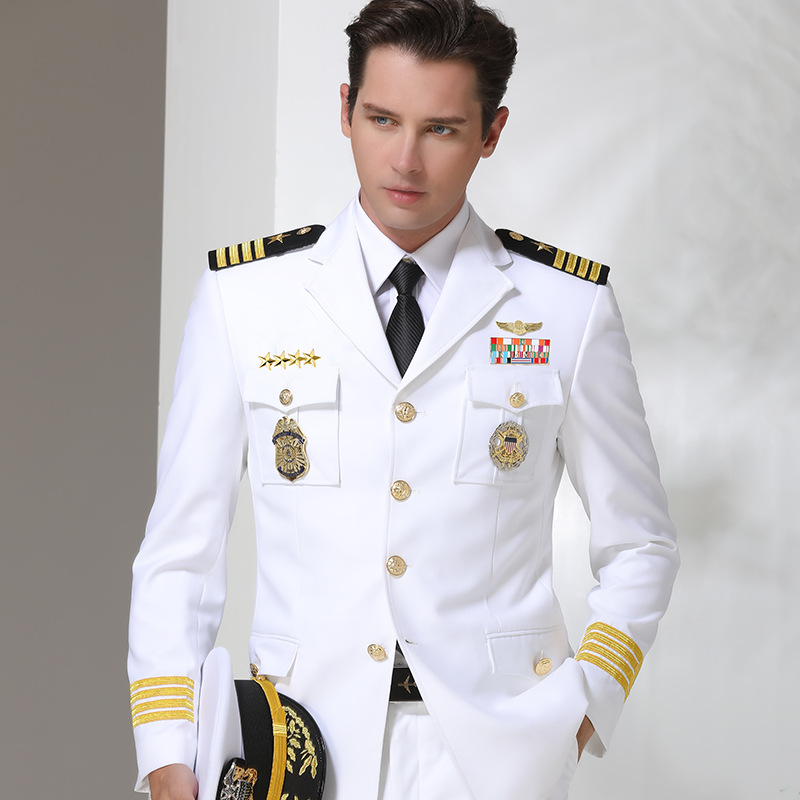 海军制服套装男士白色船长礼服军装直升机驾驶技术西装