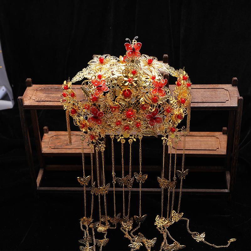 新娘头饰中式秀禾服头饰古金色发饰套装复古凤冠龙凤褂古代头饰