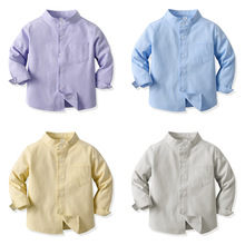 春季韩版男童衬衫纯色立领长袖单排扣百搭棉开衫跨境童装 Shirt
