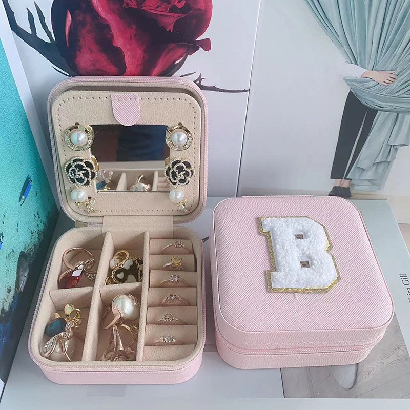 Minimalist Mirror Portable Palm Jewelry Box Ring Earring Storage Box Zipper Flip Travel Trinket Box Wholesale