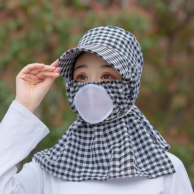Sun Protection Small Plaid Half Brim Face and Neck Protection Sun Hat under the Ground Spray Insecticide Farm Busy Full Face Mask Shawl Sun Hat