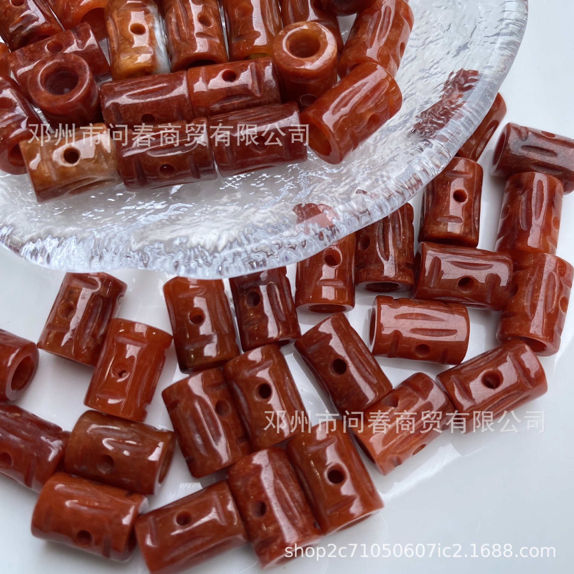 翡翠玉红翡路路通玉石散珠红干青浮雕回纹如意桶珠手链项链珠 已