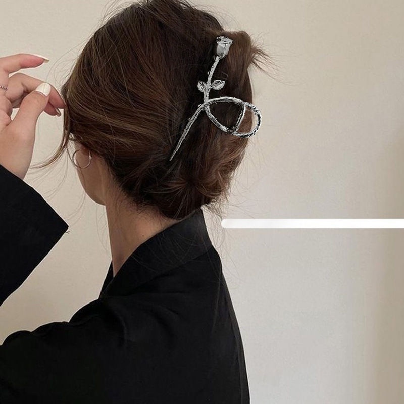 简约金色设计玫瑰花抓夹优雅气质金属后脑勺盘发抓鲨鱼夹发饰女