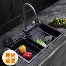 fy厨房多功能加厚手工刀架瀑布水槽纳米不锈钢洗碗池大单槽洗菜盆