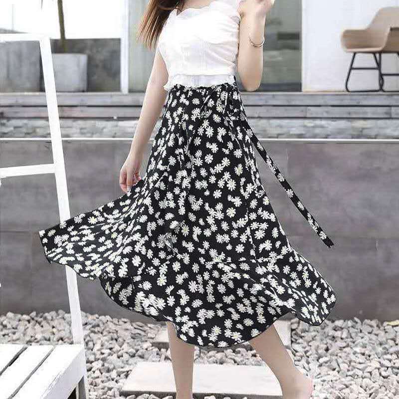 夏季半身百搭显瘦女夏一片裙雪纺裙气质中长款沙滩韩版系带裙