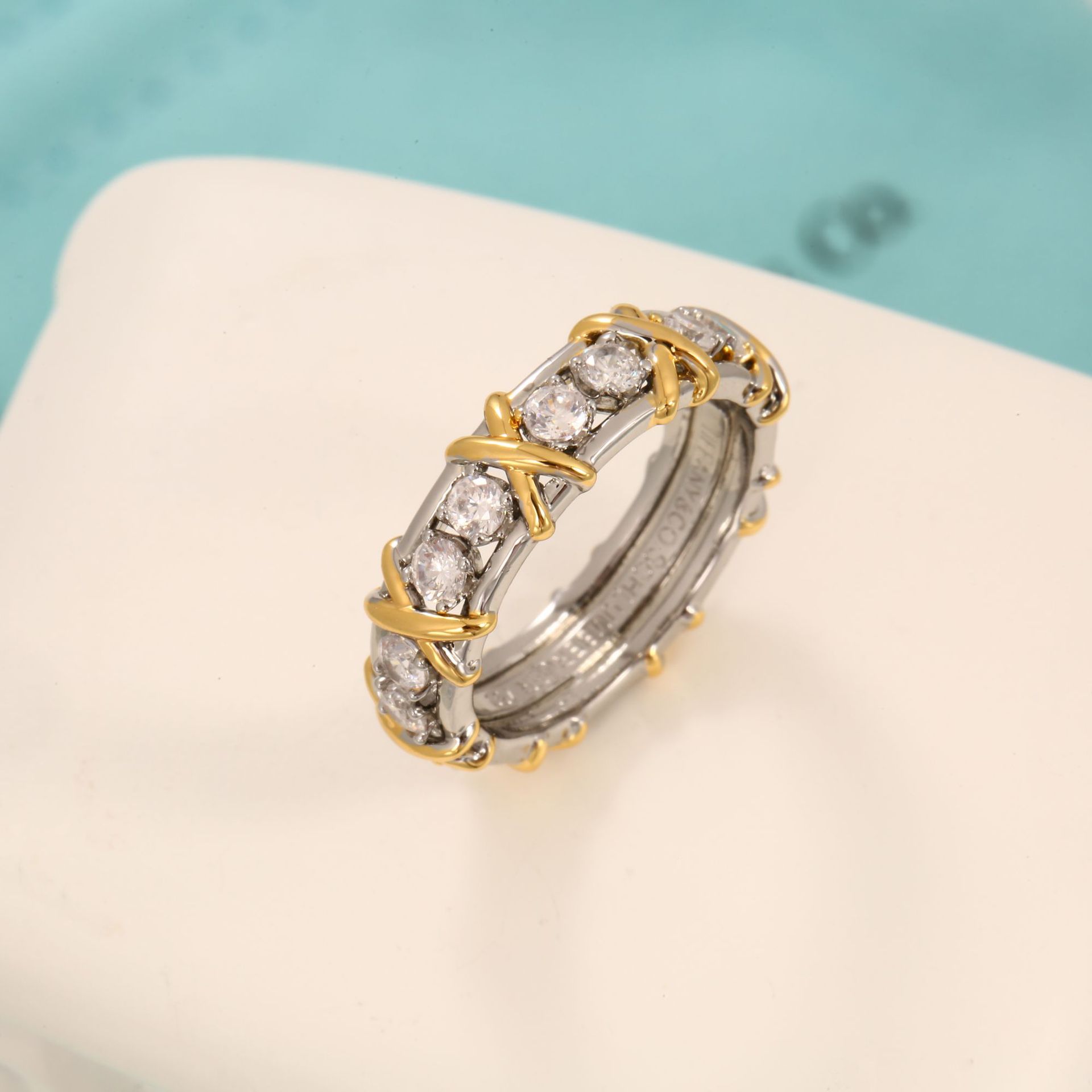 跨境电商直播热卖戒指欧美女款创意x形镶钻锆石分色指环订婚礼物