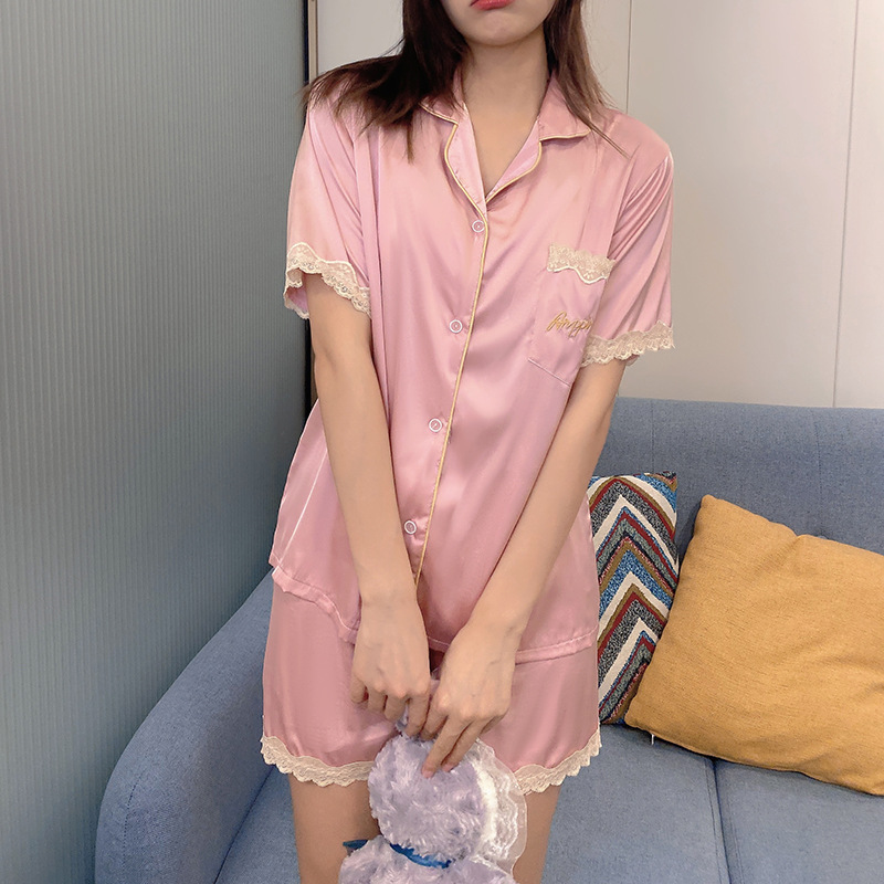 Pajamas Women's Summer Ice Silk Short Sleeve Shorts Thin Artificial Silk Summer Ladies Home Leisure Suit Foreign Trade Wholesale