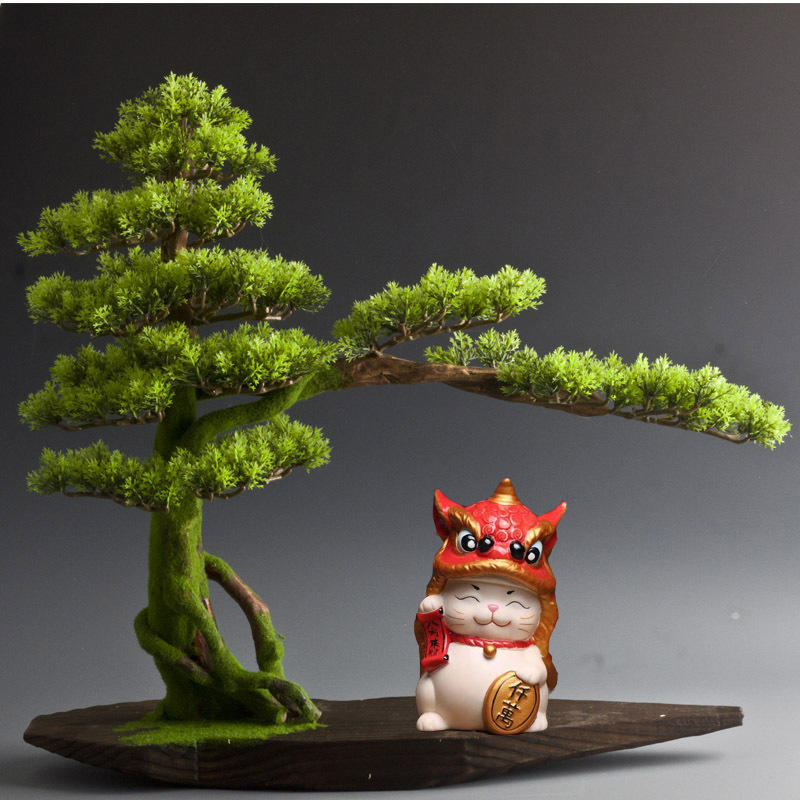 醒狮招财猫发财猫风化木新中式样板房仿真迎客松工艺品设计师软装