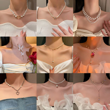 韩国多层珍珠镶钻流苏颈链网红气质设计感蕾丝蝴蝶锁骨链花朵项链