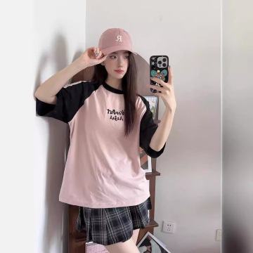 美式复古拼接条纹印花短袖宽松设计小众慵懒风t恤学生上衣女-阿里巴巴