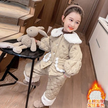 2023冬季新款儿童花朵棉衣套装女孩加绒加厚纯色软糯可爱保暖套装
