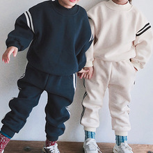 韩版冬装新款儿童套装 男女童时髦抓绒运动休闲拼条卫衣裤两件套2