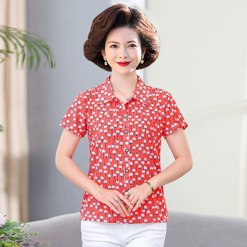 妈妈上衣夏装短袖冰丝t恤中老年女装翻领老年人奶奶装印花小衫女