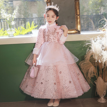 儿童礼服女童生日公主裙加厚粉色花童小女孩主持人钢琴演出服冬季