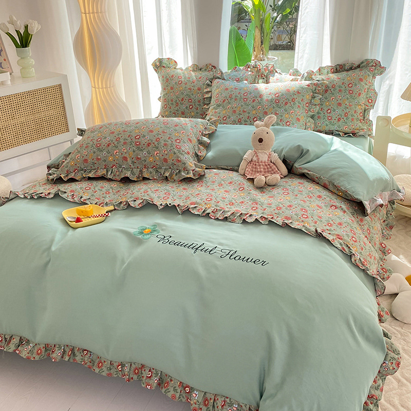 New Double-Layer Yarn Printed Four-Piece Bedding Set Pastoral Style Fresh AB Surface Fashionable and Elegant Comfortable Soft Good-looking