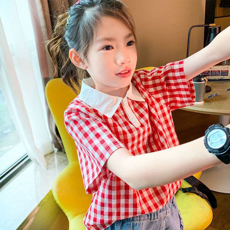 2021夏季新款女大童宽松洋气小女孩半袖格子短袖衬衫上衣一件代发