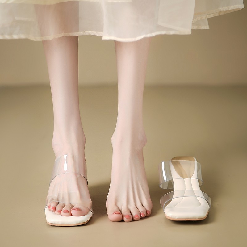 小码百搭凉拖鞋水晶跟高跟粗跟透明夏季中跟白色新款2024年凉鞋