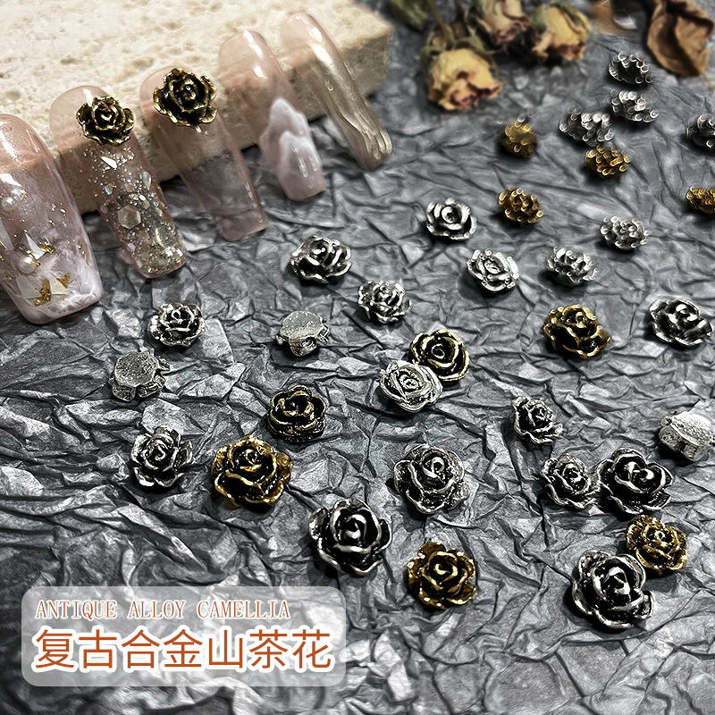 Manicure Retro Alloy Camellia Rose Metal Texture Ornament Dark Series Punk Flowers Nail Ornament