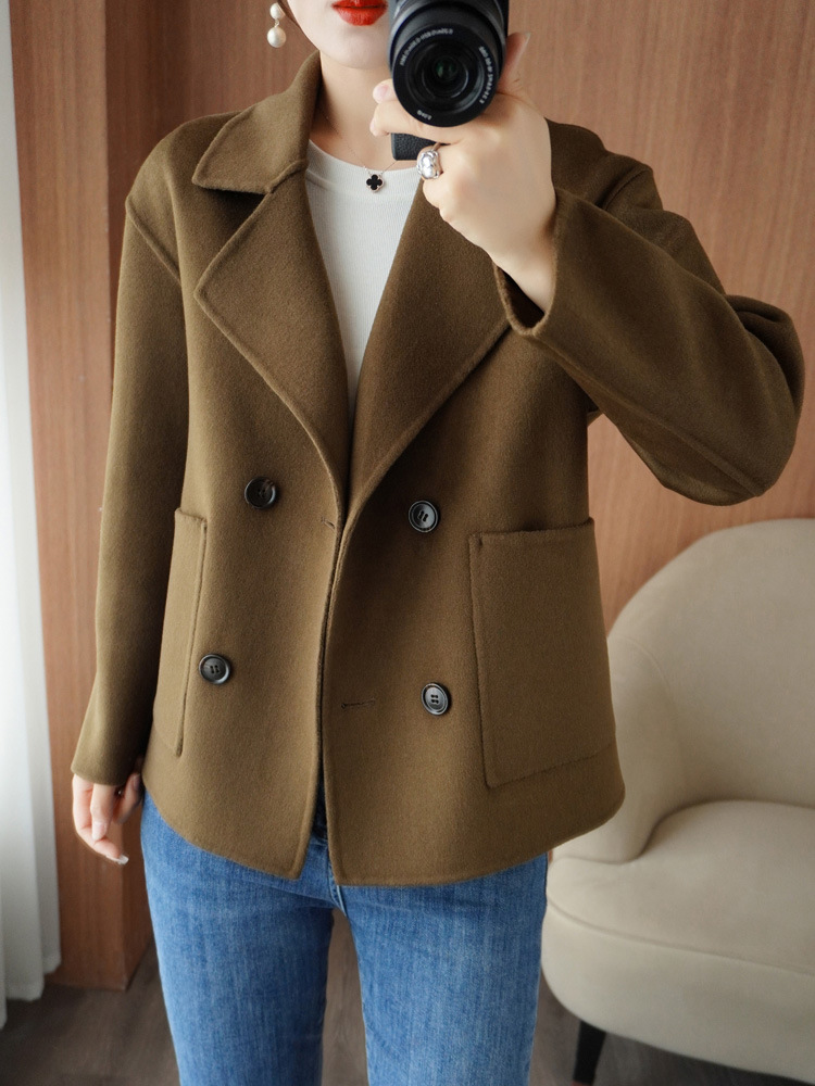 Yue Ou Double Breasted Short Wool Overcoat Women's Clothing Korean Style Autumn and Winter New Double Sided Cotton Woolen Handmade Cardigan Coat